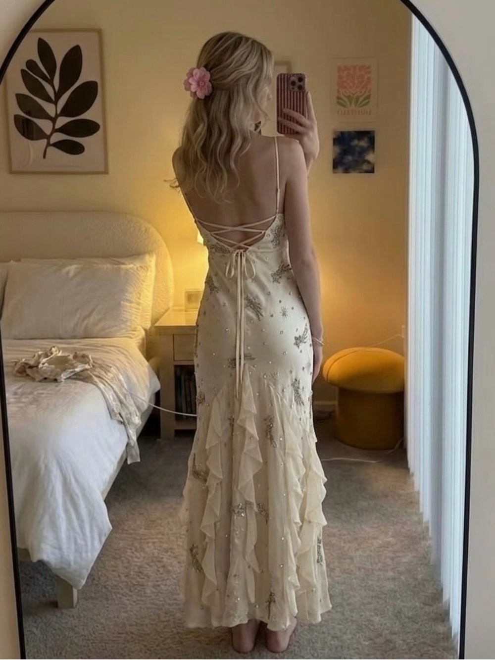 For Love & Lemons Elea Shooting Star Cream Beaded Ruffle Maxi Dress Size Small - Picture 7 of 14